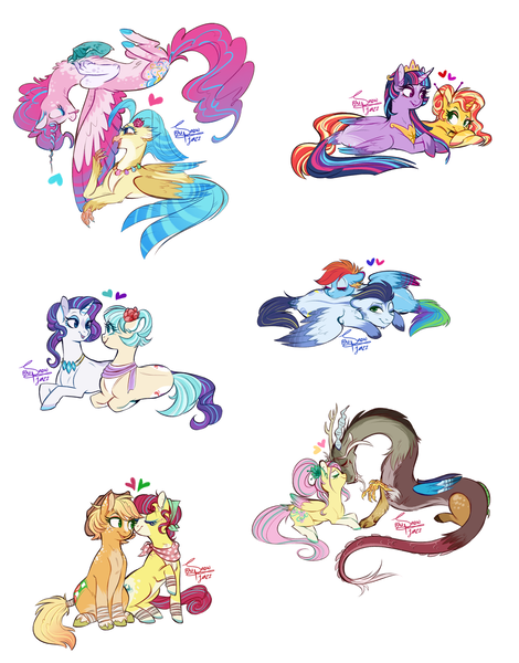 Size: 4688x5979 | Tagged: safe, artist:snowballflo, derpibooru import, applejack, coco pommel, discord, fluttershy, pinkie pie, princess skystar, rainbow dash, rarity, soarin', sunset shimmer, torque wrench, twilight sparkle, twilight sparkle (alicorn), alicorn, draconequus, earth pony, hippogriff, pegasus, pony, unicorn, my little pony: the movie, absurd resolution, apple wrench, bandana, clothes, cutie mark, discoshy, draconequified, eyes closed, female, flying, heart, horn, horns, interspecies, jewelry, lesbian, looking at each other, lying down, lying on top of someone, male, mane six, mare, marshmallow coco, necklace, nuzzling, pinkonequus, pony pillow, prone, regalia, scarf, shipping, simple background, sitting, skypie, smiling, soarindash, species swap, spread wings, stallion, straight, sunsetsparkle, tail wrap, white background, wings, xk-class end-of-the-world scenario