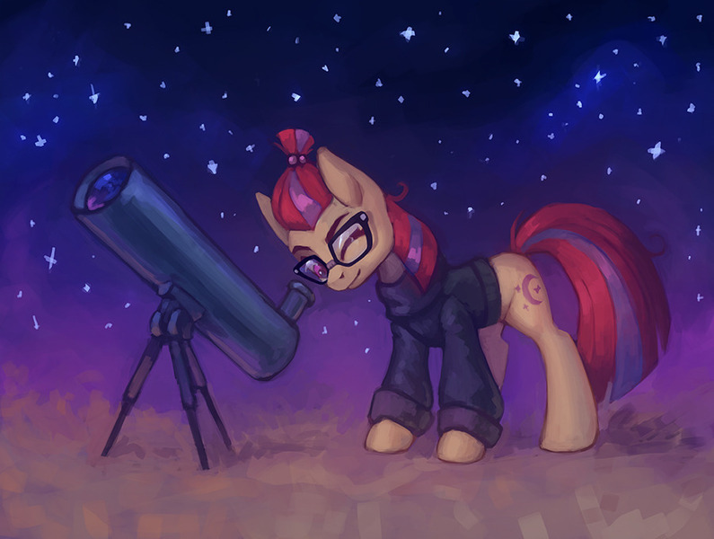 Size: 900x679 | Tagged: safe, artist:asimos, derpibooru import, moondancer, pony, unicorn, clothes, female, glasses, mare, missing horn, night, one eye closed, solo, stargazing, stars, sweater, telescope