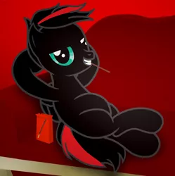 Size: 6562x6600 | Tagged: safe, artist:agkandphotomaker2000, derpibooru import, oc, oc:arnold the pony, pegasus, pony, arm behind head, couch, crossed legs, food, pocky, red and black mane, red and black oc, show accurate, simple background