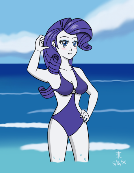 Size: 850x1100 | Tagged: suggestive, artist:jazzytyfighter, derpibooru import, rarity, equestria girls, anime style, clothes, female, ocean, open-back swimsuit, solo, solo female, swimsuit, wet