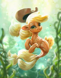 Size: 938x1200 | Tagged: safe, artist:assasinmonkey, derpibooru import, applejack, pony, seapony (g4), applejack's hat, applejacked, bubble, cowboy hat, cute, detailed, female, fish tail, flowing mane, green eyes, hat, jackabetes, looking at you, muscles, muscular female, seaponified, seapony applejack, seaweed, signature, smiling, solo, species swap, sun, sunlight, underwater, water