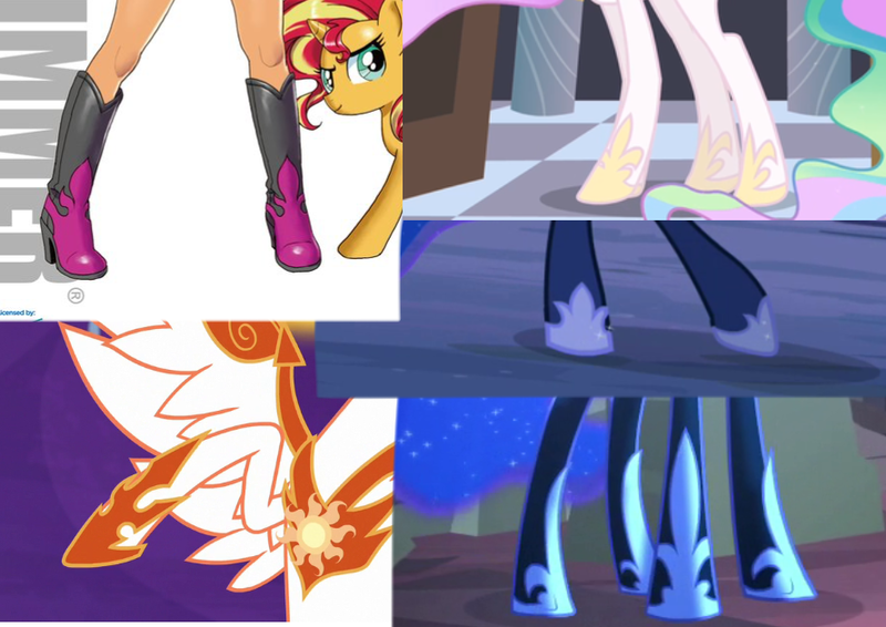 Size: 889x629 | Tagged: safe, derpibooru import, kotobukiya, screencap, daybreaker, nightmare moon, princess celestia, princess luna, sunset shimmer, alicorn, human, pony, unicorn, a royal problem, equestria girls, luna eclipsed, princess twilight sparkle (episode), boots, clothes, comparison, hooves, humanized, jewelry, kotobukiya sunset shimmer, legs, pictures of legs, regalia, shoes, text