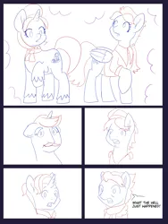 Size: 6000x8000 | Tagged: safe, artist:chedx, author:bigonionbean, derpibooru import, firelight, hondo flanks, snap shutter, wind rider, oc, oc:fiery feather, oc:scorching snicker-doodle, earth pony, pegasus, pony, unicorn, comic:the other grandparents, butt, carousel boutique, clothes, comic, commissioner:bigonionbean, confused, cutie mark, facial hair, female, fusion, fusion:fiery feather, fusion:scorching snicker-doodle, hat, jewelry, magic, male, mare, merge, merging, potion, sketch, sketch dump, stallion