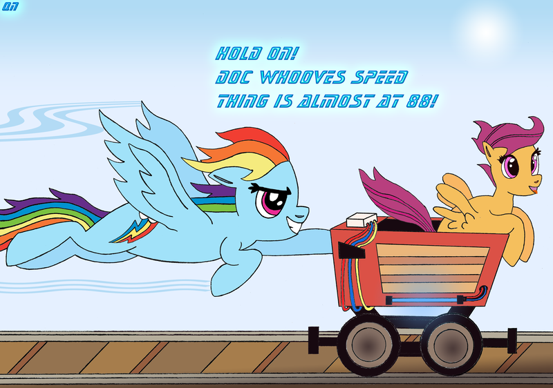 Size: 4629x3253 | Tagged: safe, artist:qnight, deleted from derpibooru, derpibooru import, doctor whooves, rainbow dash, scootaloo, time turner, pegasus, pony, back to the future, scootalove, sky, sun, text, time machine, time travel, train tracks