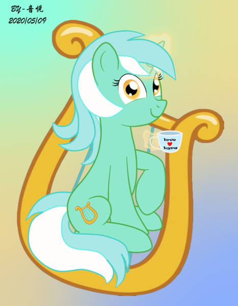 Size: 1400x1800 | Tagged: safe, artist:音悦, derpibooru import, lyra heartstrings, pony, unicorn, cup, cutie mark background, female, food, magic, mare, tea, telekinesis