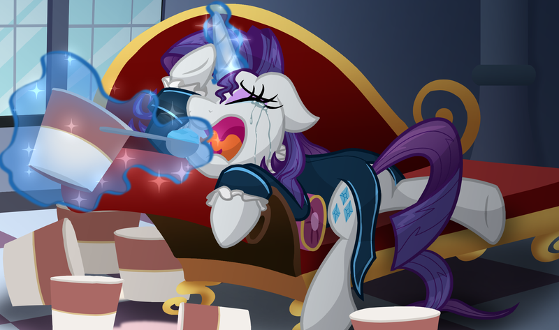 Size: 2200x1300 | Tagged: safe, artist:geraritydevillefort, derpibooru import, rarity, pony, unicorn, crying, fainting couch, female, food, ice cream, magic, mare, marshmelodrama, rarifort, rarity being rarity, solo, the count of monte cristo, villefort