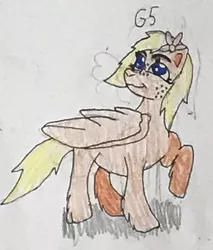 Size: 750x880 | Tagged: safe, artist:whistle blossom, deleted from derpibooru, derpibooru import, oc, oc:whistle blossom, unofficial characters only, pegasus, pony, cute, female, filly, flower, flower in hair, foal, freckles, g4 to g5, leg fluff, looking at something, one hoof raised, smiling, solo, teenager, text, traditional art, whistlebetes