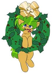 Size: 551x772 | Tagged: safe, artist:mitsuyotsukaze, derpibooru import, oc, oc:oasis, unofficial characters only, earth pony, pony, blue eyes, candy, candy cane, christmas wreath, cute, female, food, mare, simple background, transparent background, wreath