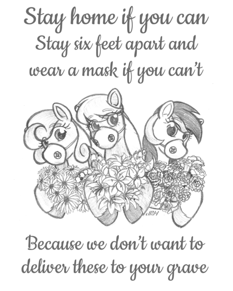 Size: 720x900 | Tagged: safe, artist:texasuberalles, derpibooru import, daisy, flower wishes, lily, lily valley, roseluck, earth pony, pony, colored hooves, coronavirus, covid-19, daisy (flower), female, flower, flower trio, grayscale, lily (flower), looking at you, mare, mask, monochrome, pencil drawing, rose, simple background, traditional art, white background