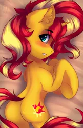Size: 1232x1900 | Tagged: suggestive, artist:falafeljake, derpibooru import, sunset shimmer, pony, unicorn, bed, blushing, butt, chest fluff, cute, ear fluff, female, looking at you, mare, plot, profile, prone, shimmerbetes, solo