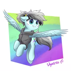 Size: 3000x3000 | Tagged: safe, artist:astery, deleted from derpibooru, derpibooru import, oc, oc:vyatrix, unofficial characters only, pegasus, pony, clothes, cute, female, flying, hoodie, mare, smiling, solo