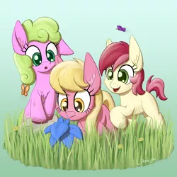 Size: 2250x2250 | Tagged: safe, artist:litrojia, derpibooru import, daisy, flower wishes, lily, lily valley, roseluck, butterfly, earth pony, pony, :o, chest fluff, cute, dandelion, dirt, ear fluff, female, filly, flower, flower trio, gradient background, grass, high res, large ears, nudge, open mouth, poison joke, rock, smiling, this will end in tears, this will not end well, trio, younger