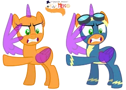 Size: 1701x1213 | Tagged: safe, artist:katnekobase, derpibooru import, oc, unofficial characters only, alicorn, pony, alicorn oc, annoyed, base, clothes, duo, eyelashes, goggles, gritted teeth, horn, raised hoof, simple background, transparent background, uniform, wing hands, wings, wonderbolts uniform