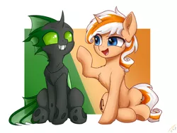 Size: 4000x3000 | Tagged: safe, alternate version, artist:astery, derpibooru import, oc, oc:accurate balance, oc:utopia, unofficial characters only, changeling, pony, accopia, both cutie marks, changeling oc, commission, duo, green changeling, grin, looking at each other, raised hoof, simple background, sitting, smiling, two toned mane, two-tone background