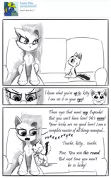 Size: 2381x3787 | Tagged: safe, artist:chopsticks, derpibooru import, pinkie pie, cat, earth pony, pony, comic:wtb is this?, cheek fluff, chest fluff, comic, couch, cuddling, cute, ear fluff, female, glare, grayscale, hoof fluff, kitten, looking at each other, male, monochrome, pinkamena diane pie, pure unfiltered evil, purring, simple background, unamused