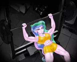 Size: 2835x2307 | Tagged: suggestive, artist:ponymaan, derpibooru import, princess celestia, equestria girls, abs, armpits, bodybuilder, breasts, clothes, commission, female, gym uniform, muscles, muscular female, princess musclestia, principal celestia, principal musclestia, shorts, solo, sports bra, sports shorts, sweat
