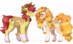 Size: 1145x698 | Tagged: safe, artist:wanderingpegasus, derpibooru import, bright mac, pear butter, earth pony, pony, blushing, character design, chest fluff, cute couple, digital art, eye contact, female, flower, flower in hair, freckles, hat, headcanon, ibispaint x, looking at each other, male, mare, markings, pale belly, redesign, simple background, smiling, socks (coat marking), stallion, unshorn fetlocks, white background