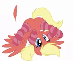 Size: 832x695 | Tagged: suggestive, artist:illuminatiums, derpibooru import, edit, editor:whistle blossom, oc, oc:whistle blossom, unofficial characters only, pegasus, pony, butt, clothes, cute, digital art, feather, featureless crotch, female, filly, foal, plot, recolor, sexy, simple background, socks, solo, striped socks, teenager, upside down, whistlebetes, white background