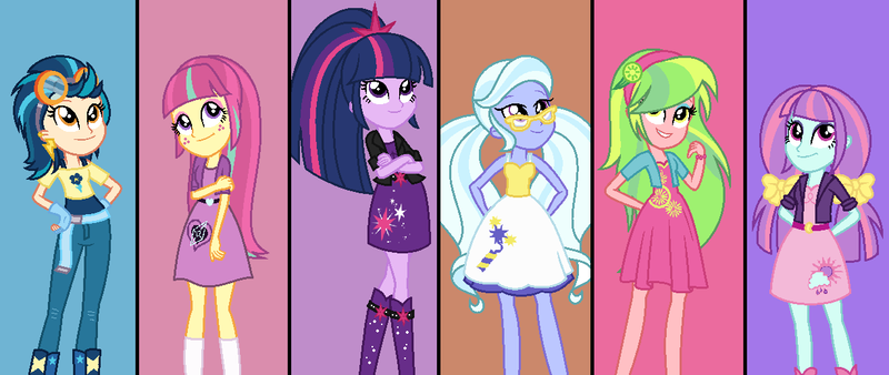 Size: 1227x518 | Tagged: safe, alternate version, artist:sarahalen, derpibooru import, indigo zap, lemon zest, sci-twi, sour sweet, sugarcoat, sunny flare, twilight sparkle, equestria girls, alternate universe, shadow five, shadow six, shine like rainbows