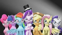 Size: 1920x1080 | Tagged: safe, artist:princess-worlds-sfm, derpibooru import, applejack, fluttershy, pinkie pie, rainbow dash, rarity, starlight glimmer, twilight sparkle, earth pony, pegasus, pony, unicorn, 3d, abstract background, applejack's hat, cane, coffin dance, cowboy hat, glasses, hat, looking at you, mane six, simple background, smiling, smiling at you, source filmmaker, standing on two hooves, top hat, unicorn twilight, youtube link, youtube screencap