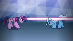 Size: 1920x1080 | Tagged: alicorn, artist:platinumdrop, derpibooru import, dodge, fight, laser beam, request, safe, trixie, twilight sparkle, twilight sparkle (alicorn)