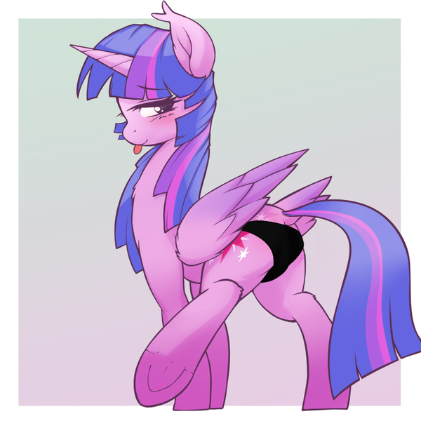 Size: 800x800 | Tagged: suggestive, artist:iloota, derpibooru import, edit, editor:slayerbvc, twilight sparkle, twilight sparkle (alicorn), alicorn, pony, black underwear, blushing, butt, chest fluff, clothes, colored wings, dock, female, frog (hoof), gradient wings, looking at you, looking back, looking back at you, mare, panties, plot, smiling, solo, solo female, spread legs, spreading, tongue out, underhoof, underwear, underwear edit, wings