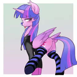 Size: 800x800 | Tagged: suggestive, artist:iloota, derpibooru import, edit, editor:slayerbvc, twilight sparkle, twilight sparkle (alicorn), alicorn, pony, blushing, butt, clothes, colored wings, dock, ear fluff, featureless crotch, female, gradient wings, hoodie, looking at you, looking back, looking back at you, mare, plot, smiling, socks, spread legs, spreading, striped socks, tongue out, wings