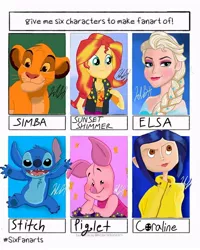 Size: 768x960 | Tagged: safe, artist:artistic_applehead, derpibooru import, sunset shimmer, anthro, big cat, human, lion, six fanarts, equestria girls, braid, bust, clothes, coraline, crossover, cutie mark, cutie mark on clothes, elsa, eyelashes, female, frozen (movie), jewelry, lilo and stitch, makeup, male, necklace, paws, piglet, signature, simba, smiling, stitch, the lion king, underpaw, winnie the pooh