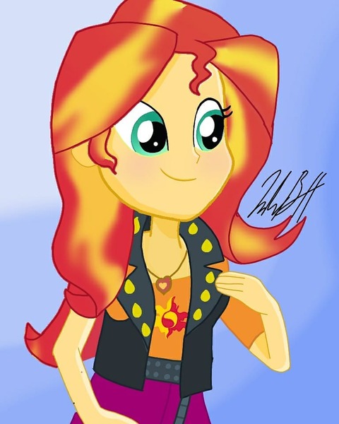 Size: 768x960 | Tagged: safe, alternate version, artist:artistic_applehead, derpibooru import, sunset shimmer, equestria girls, clothes, cutie mark, cutie mark on clothes, eyelashes, female, jewelry, necklace, signature, smiling