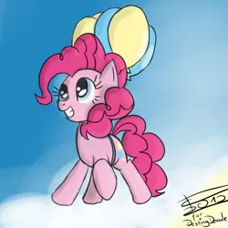 Size: 600x600 | Tagged: safe, artist:crade, derpibooru import, pinkie pie, earth pony, pony, balloon, cloud, cute, diapinkes, female, floating, mare, sky, smiling, solo, then watch her balloons lift her up to the sky