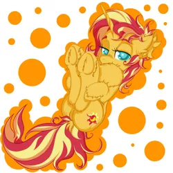 Size: 2500x2500 | Tagged: safe, artist:rurihal, derpibooru import, sunset shimmer, pony, unicorn, chest fluff, cute, ear fluff, female, hoof fluff, hoof hold, impossibly large chest fluff, legs in air, lidded eyes, mare, shimmerbetes, simple background, solo, unshorn fetlocks