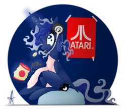 Size: 1878x1626 | Tagged: safe, artist:ardas91, derpibooru import, princess luna, alicorn, pony, gamer luna, abstract background, alternate hairstyle, atari, chips, clothes, controller, cute, eating, female, food, gaming headset, looking at you, lunabetes, magic, mare, poster, potato chips, profile, shirt, sitting, solo, telekinesis