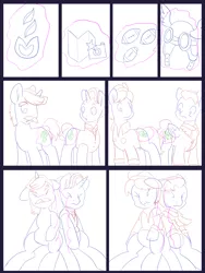 Size: 6000x8000 | Tagged: safe, artist:chedx, author:bigonionbean, derpibooru import, firelight, hondo flanks, snap shutter, wind rider, earth pony, pegasus, pony, unicorn, comic:the other grandparents, butt, carousel boutique, clothes, comic, commissioner:bigonionbean, confused, cutie mark, facial hair, forced, hat, magic, male, potion, sketch, sketch dump, stallion