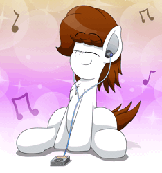 Size: 1500x1600 | Tagged: safe, artist:aarondrawsarts, derpibooru import, oc, oc:brain teaser, earth pony, animated, chest fluff, dancing, earbuds, headbob, male, mp3 player, music notes, sitting
