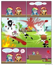 Size: 826x1018 | Tagged: safe, artist:crydius, derpibooru import, apple bloom, rainbow dash, scootaloo, sunset shimmer, sweetie belle, comic:the first year's dodgeball competition, equestria girls, averted gaze, blushing, chara, comic, corpse party, crossover, cutie mark crusaders, dipper pines, erma, female, gravity falls, knocked out, male, mordred pendragon, overwatch, sachiko shinozaki, speech bubble, sweat, this might have ended in death, tracer, undertale, vulgar description