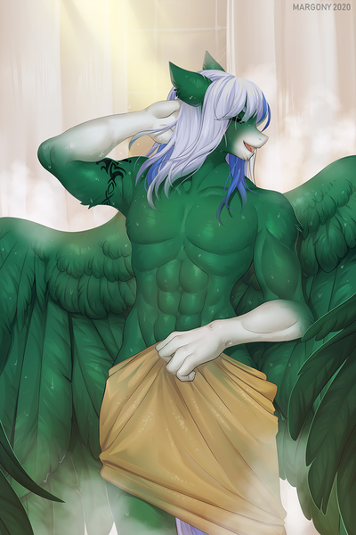 Size: 800x1200 | Tagged: abs, anthro, anthro oc, armpits, artist:margony, commission, derpibooru import, digital art, eyes closed, male, naked towel, oc, oc:silver sword, pegasus, pegasus oc, smiling, solo, solo male, suggestive, wings