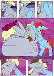 Size: 955x1350 | Tagged: suggestive, artist:teabucket, deleted from derpibooru, derpibooru import, derpy hooves, oc, oc:acela, oc:genka, earth pony, pegasus, pony, comic:poison apple, belly, belly bed, big belly, blushing, butt, comic, cute, derpypred, endosoma, female, fetish, heart eyes, huge belly, imminent vore, impossibly large belly, mailmare, mare, patreon, patreon logo, plot, same size vore, swallowing, throat bulge, underhoof, vore, wingding eyes