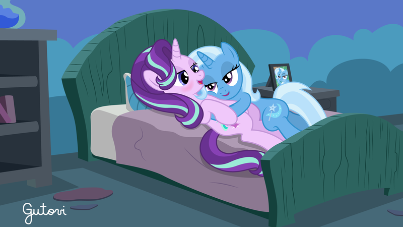 Size: 4443x2501 | Tagged: safe, artist:gutovi, derpibooru import, starlight glimmer, trixie, pony, unicorn, bed, blushing, cuddling, female, lesbian, shipping, show accurate, starlight's room, startrix