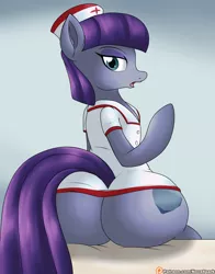 Size: 2000x2550 | Tagged: artist:novaspark, boulder buns, butt, clothes, derpibooru import, explicit source, female, hat, looking at you, looking back, looking back at you, maud pie, nurse, nurse hat, nurse outfit, open mouth, plot, sitting, solo, suggestive, the ass was fat