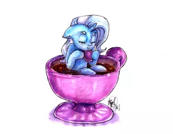 Size: 3224x2487 | Tagged: safe, artist:mannybcadavera, derpibooru import, trixie, pony, unicorn, cup, cup of pony, female, floppy ears, food, mare, micro, simple background, smiling, solo, tea, teacup, that pony sure does love teacups, white background