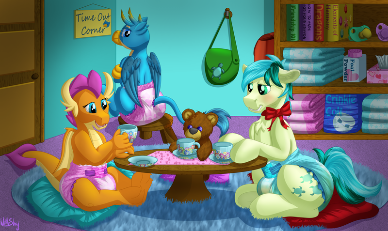 Size: 3416x2035 | Tagged: suggestive, artist:wittleskaj, derpibooru import, gallus, sandbar, smolder, dragon, earth pony, gryphon, pony, abdl, adult foal, bag, blushing, bookshelf, bow, corner, cup, diaper, diaper fetish, diaper package, embarrassed, fetish, grumpy, pillow, poofy diaper, punishment, red bow, stool, tea party, teacup, teddy bear, time out, time out corner, urine, wet diaper