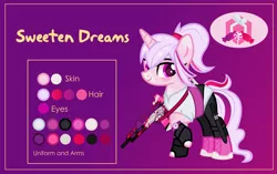 Size: 3001x1881 | Tagged: safe, artist:n0kkun, derpibooru import, oc, oc:sweeten dreams, unofficial characters only, pony, unicorn, assault rifle, belt, boots, clothes, female, fingerless gloves, freckles, g36, gloves, gun, heckler and koch, knife, leggings, mare, markings, multicolored mane, raised hoof, reference sheet, rifle, shirt, shoes, solo, watch, weapon, wristwatch