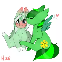 Size: 6000x6000 | Tagged: artist:henneysee86, blushing, cute, derpibooru import, heart, horn, kissing, oc, oc:jester pi, oc:shining emerald, pegasus, safe, simple background, smootch, white background, wings