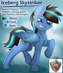 Size: 2814x3243 | Tagged: artist:jesterpi, blue, cold, color, cool, cutie mark, derpibooru import, oc, oc:iceberg skystriker, pegasus, reference sheet, safe, smiling, smirk, standing, text, wings