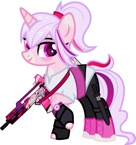 Size: 1600x1699 | Tagged: safe, alternate version, artist:n0kkun, derpibooru import, oc, oc:sweeten dreams, unofficial characters only, pony, unicorn, assault rifle, belt, boots, clothes, female, fingerless gloves, freckles, g36, gloves, gun, heckler and koch, knife, leggings, mare, markings, multicolored hair, raised hoof, rifle, shirt, shoes, simple background, solo, transparent background, watch, weapon, wristwatch