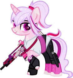 Size: 1600x1699 | Tagged: safe, alternate version, artist:n0kkun, derpibooru import, oc, oc:sweeten dreams, unofficial characters only, pony, unicorn, assault rifle, belt, boots, clothes, female, fingerless gloves, freckles, g36, gloves, gun, heckler and koch, knife, leggings, mare, markings, multicolored hair, raised hoof, rifle, shirt, shoes, simple background, solo, transparent background, watch, weapon, wristwatch