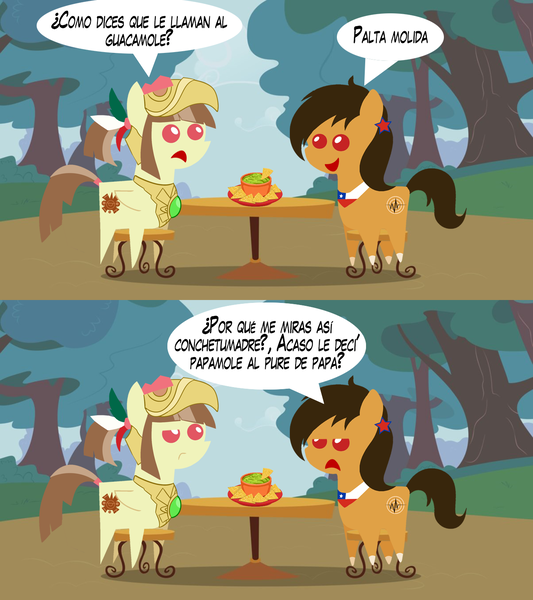 Size: 1280x1440 | Tagged: safe, artist:archooves, derpibooru import, oc, oc:chilenia, oc:tailcoatl, ponified, earth pony, pegasus, pony, avocado, chile, dialogue, food, guacamole, mexico, nation ponies, pointy ponies, spanish, translation request