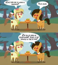 Size: 1280x1440 | Tagged: safe, artist:archooves, derpibooru import, oc, oc:chilenia, oc:tailcoatl, ponified, earth pony, pegasus, pony, avocado, chile, dialogue, food, guacamole, mexico, nation ponies, pointy ponies, spanish, translation request