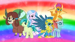 Size: 1280x719 | Tagged: safe, artist:andoanimalia, derpibooru import, gallus, ocellus, sandbar, silverstream, smolder, yona, changedling, changeling, classical hippogriff, dragon, earth pony, gryphon, hippogriff, pony, yak, the last problem, armor, cloven hooves, colored hooves, dragoness, female, flying, helmet, jewelry, male, monkey swings, necklace, older, older gallus, older ocellus, older sandbar, older silverstream, older smolder, older yona, rainbow, rainbow background, royal guard gallus, stallion, story included, student six