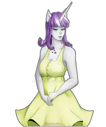 Size: 1024x1229 | Tagged: artist:bunnynha, clothes, derpibooru import, deviantart watermark, dress, horn, horned humanization, human, humanized, obtrusive watermark, pony coloring, pony ears, safe, simple background, solo, transparent background, twilight velvet, watermark